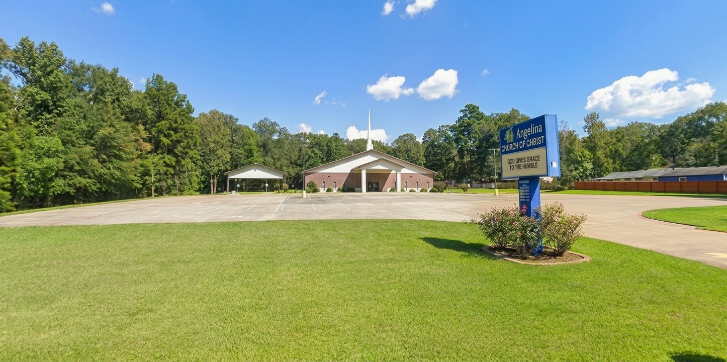 The church building on Tulane Drive with its white steeple and the Angelina church of Christ sign
