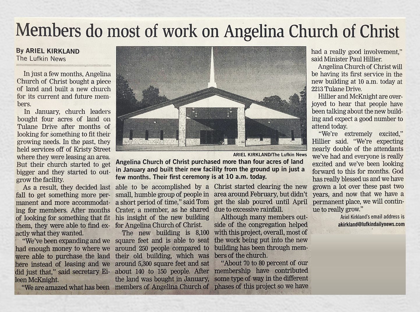 Lufkin News article, Members do most of work on Angelina Church of Christ