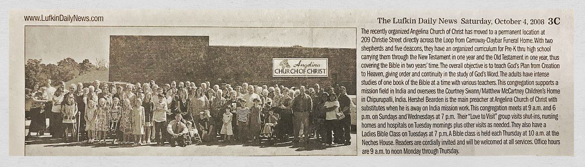 Lufkin Daily News clipping, 2008, with the congregation in front of the Christie Street building